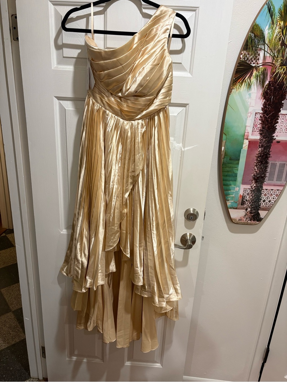 One-Shoulder Gold Metallic Pleated Midi Dress